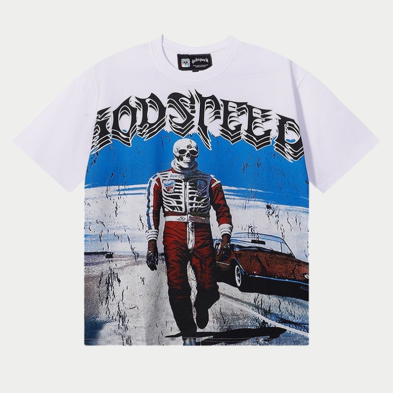 Godspeed Skeleton Racer Vintage White Graphic Tee Godspeed Skeleton Racer Vintage White Graphic Tee
