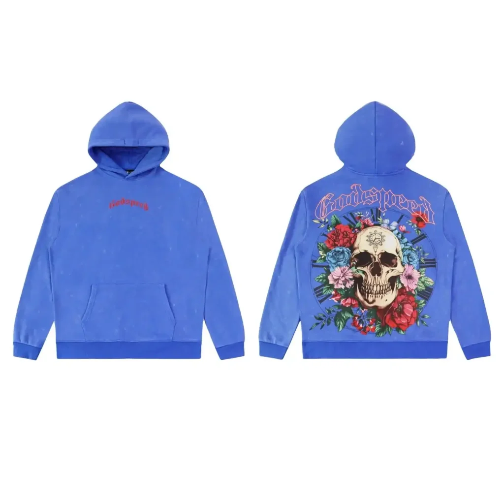 Floral Godspeed Skull Graphic Hoodie Blue