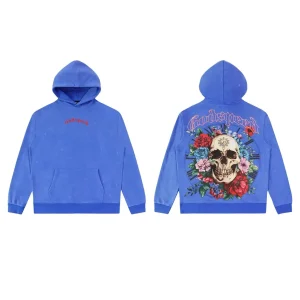 Floral Godspeed Skull Graphic Hoodie Blue