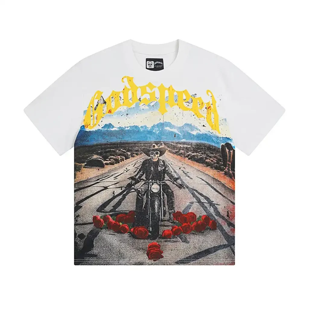 Godspeed Biker Skeleton Roses White T-Shirt