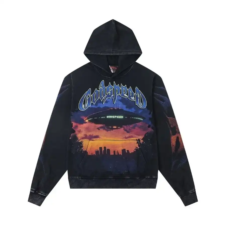 Alien Spaceship Godspeed Hoodie Washed Black Alien Spaceship Godspeed Hoodie Washed Black