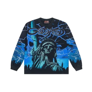 Godspeed Blue Lightning Storm Liberty Long Sleeve Black front view with Statue of Liberty and blue lightning storm print