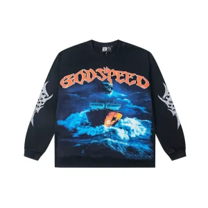 Godspeed Ghost Ship Skull Storm Long Sleeve Black front view with a cargo ship in a stormy blue sea with a skull in the clouds and orange GODSPEED lettering across the chest