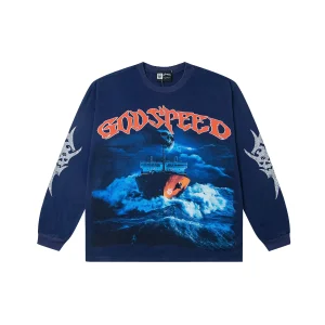 Godspeed Ghost Ship Skull Storm Long Sleeve Navy Blue front view with a cargo ship in a stormy blue sea with a skull in the clouds and orange GODSPEED lettering across the chest