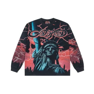 Godspeed Red Lightning Storm Liberty Long Sleeve Black front view with Statue of Liberty and red lightning storm print