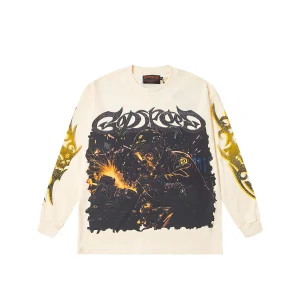 Godspeed Skeleton Welder Sparks Long Sleeve Cream front view with a skeleton welder throwing orange sparks under a chrome diamond-plate GODSPEED logo